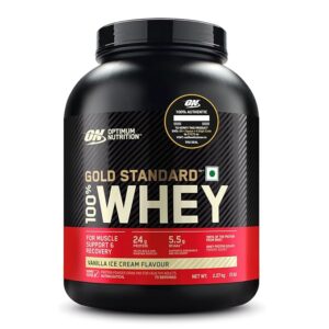 Optimum Nutrition (ON) Gold Standard 100% Whey Protein | (5Lbs / 2.27 kg) | 24g Protein | 5.5g BCAAs | Fast Muscle Recovery | Authentic Imported Whey | Vanilla Ice Cream Flavor