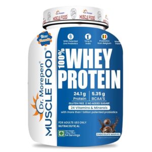 Dr. Morepen Muscle Food 100% Whey Protein (2kg) | 24.1g Protein Per Scoop | 5.35g BCAAs | Chocolate Marvel