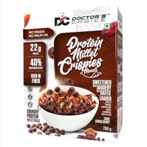 Doctor’s Choice – Protein Millet Crispies Muesli (750g) | 22g Protein | Sweetened with Jaggery & Dates | Dark Choco Berry