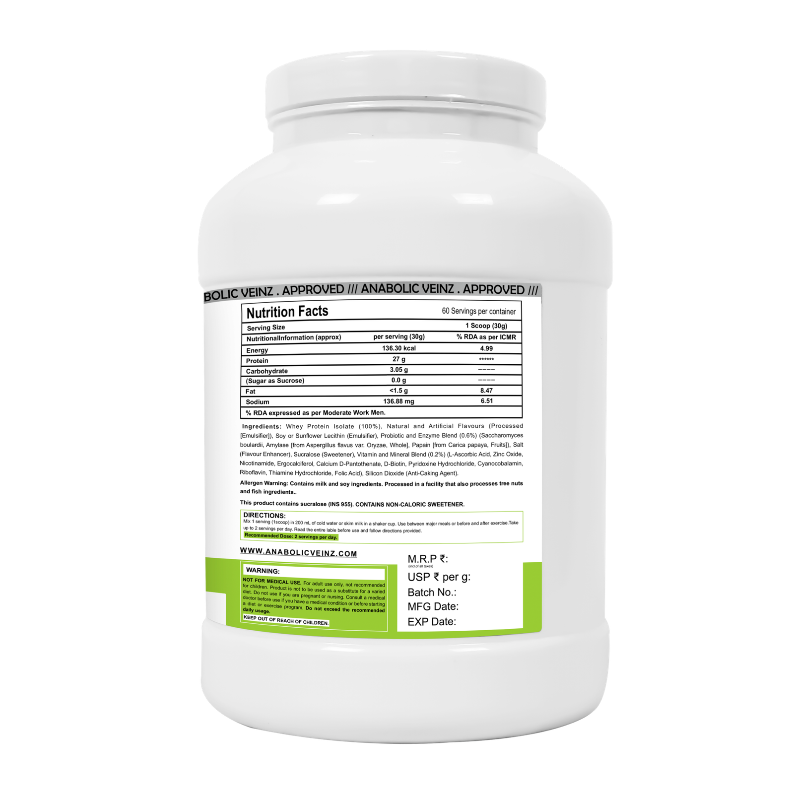 Anabolic Veinz Nutrition - Isolate Hydrolyzed Protein | (1.81Kg) | 27g Protein | Free Shaker - Image 2