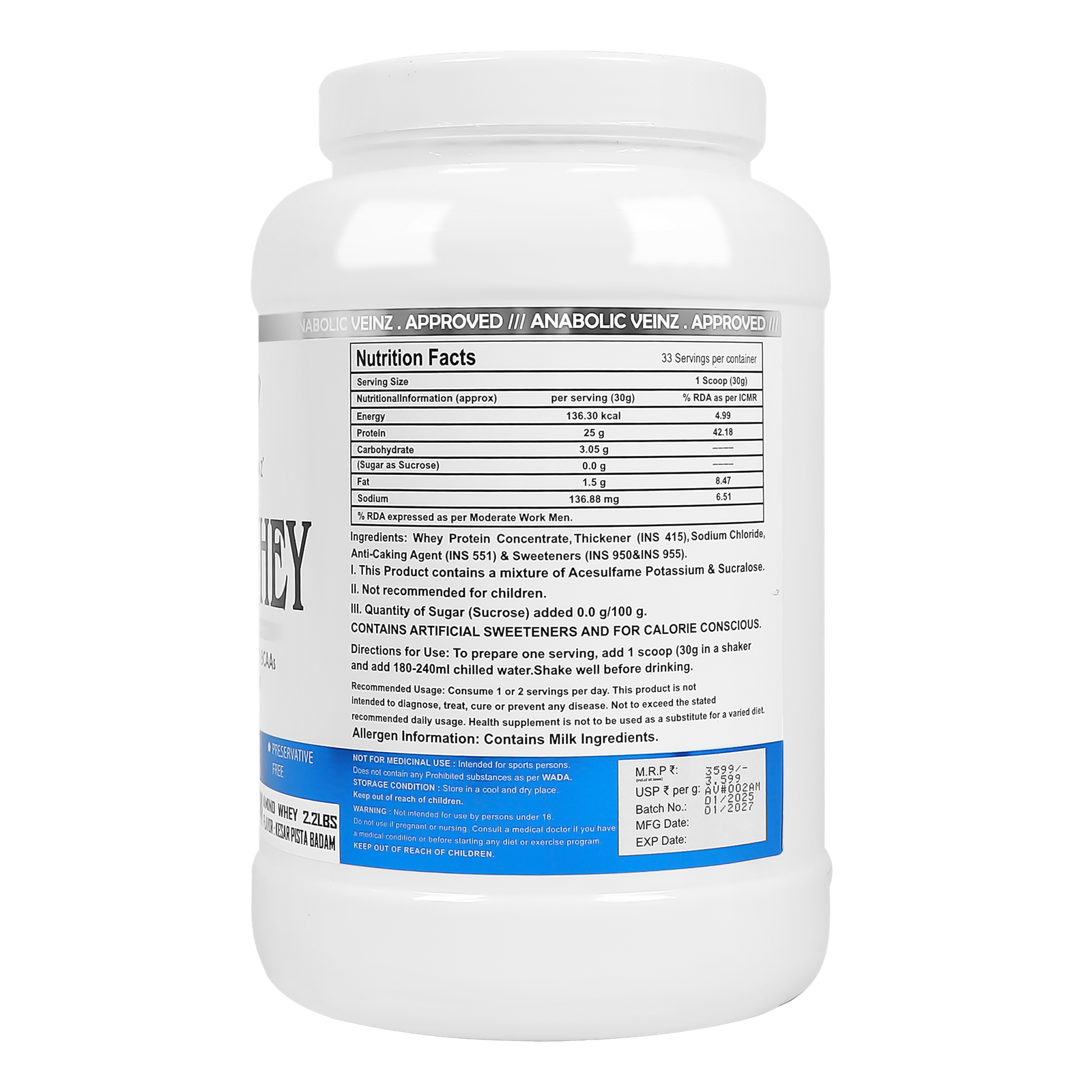 Anabolic Veinz Nutrition - Amino Whey Protein | (4.5Kg/2.26Kg/1Kg) | 25g Protein | Free Shaker - Image 5
