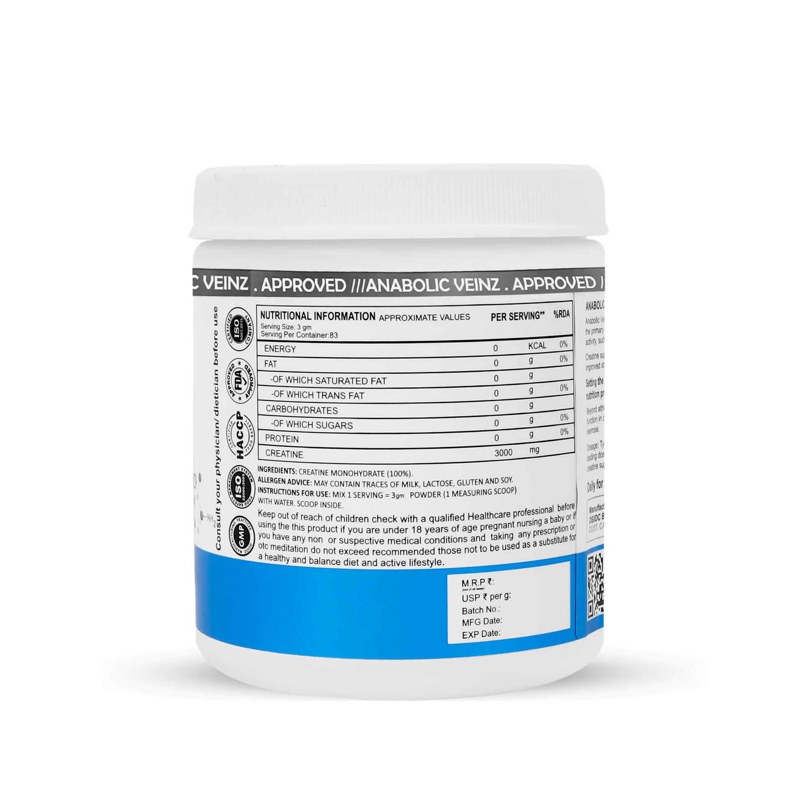 Anabolic Veinz Nutrition - Creatine Monohydrate | (250g/100g) - Image 2