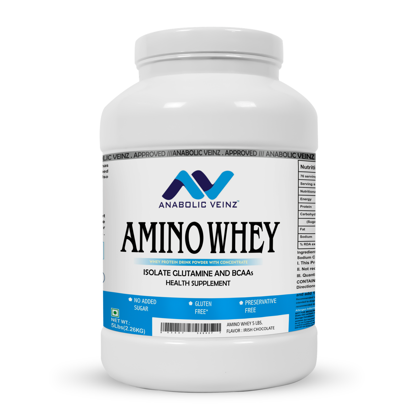 Anabolic Veinz Nutrition - Amino Whey Protein | (4.5Kg/2.26Kg/1Kg) | 25g Protein | Free Shaker