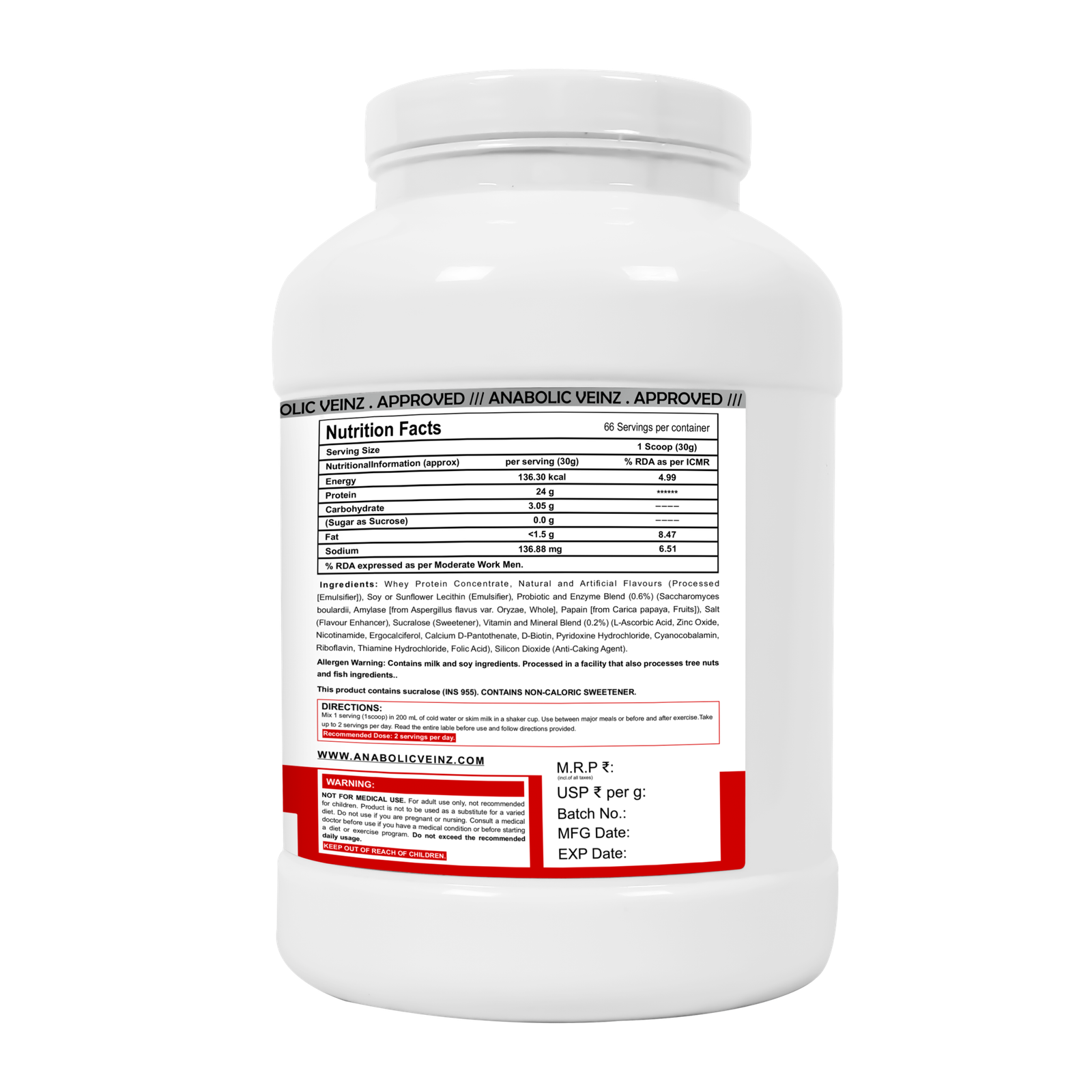 Anabolic Veinz Nutrition - Diet Whey Protein | (2Kg) | 24g Protein | Free Shaker - Image 2