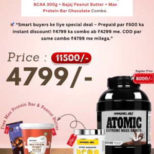 Buy Immunelabz Atomic Extreme Mass Gainer 4.5kg + Ultra Premium BCAA 300g + Bajaj High Protein Peanut Butter + Max Protein Bar Combo