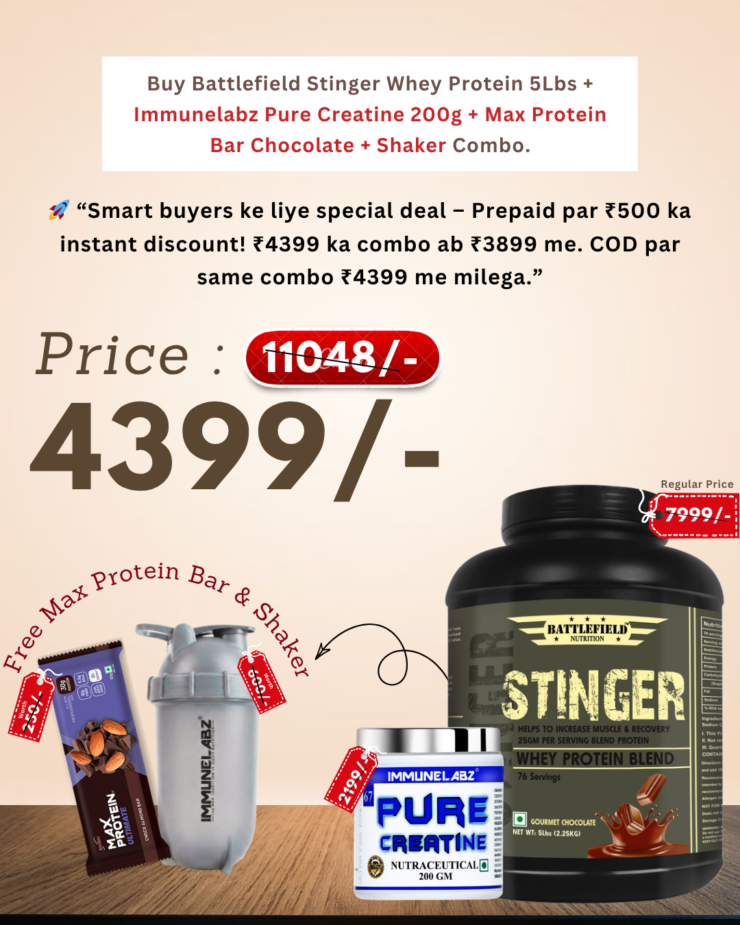 Buy Battlefield Nutrition - Stinger Whey Protein 5Lbs + Immunelabz Pure Creatine 200g + Max Protein Bar + Premium Shaker Combo