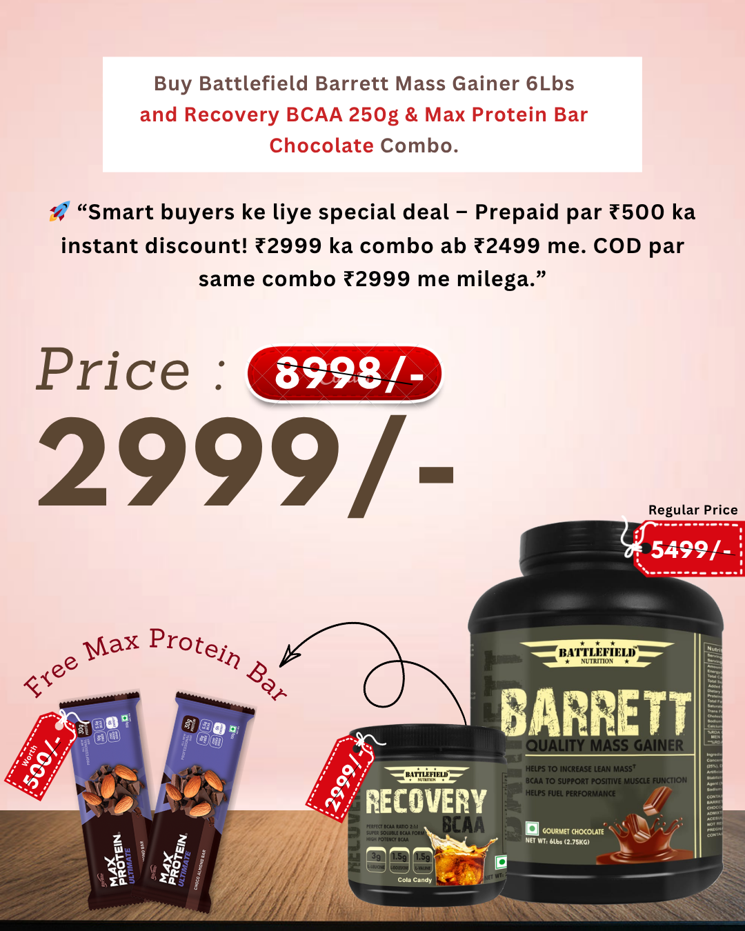 Buy Battlefield Nutrition – Barrett Quality Mass Gainer 6Lbs + Recovery BCAA 250g + Max Protein Bar Combo