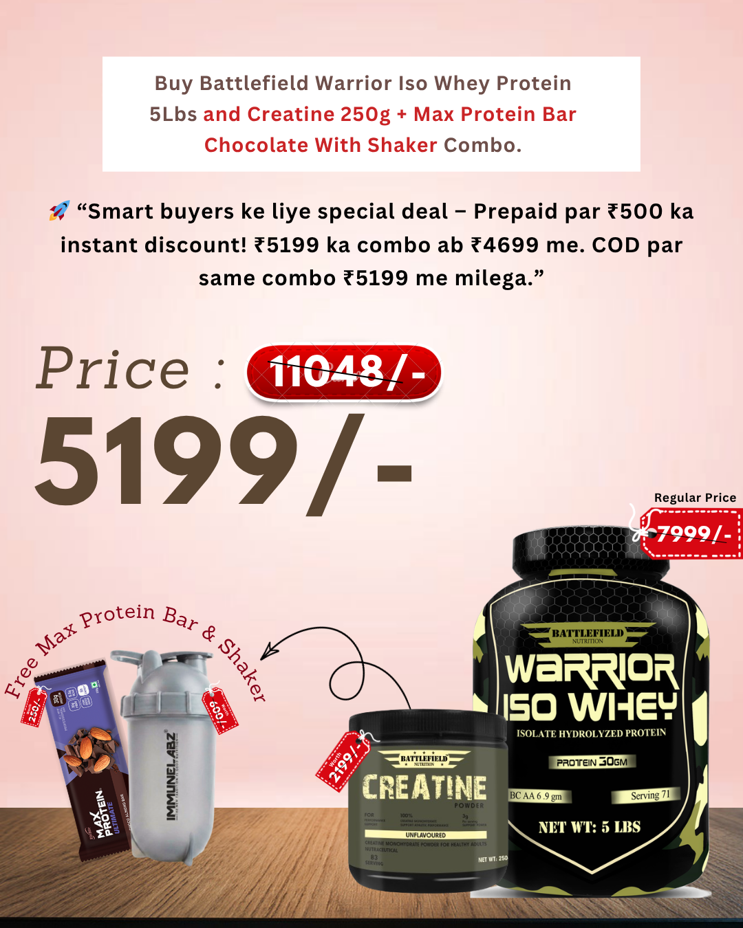 Battlefield Nutrition Warrior ISO Whey Protein Combo | 5Lbs Iso Whey + Creatine 250g + Free Protein Bar & Shaker