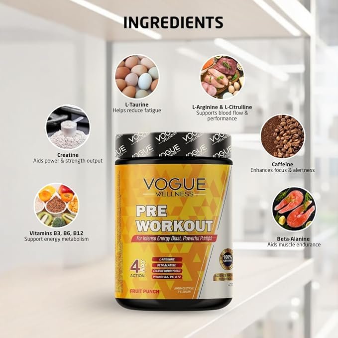 Vogue Wellness Advance Pre-Workout Protein Powder | Instant Energy Drink For Strength | Stamina and Muscle Pumps | With Beta-Alanine | Creatine and L-Arginine | 400g Fruit Punch - Image 4