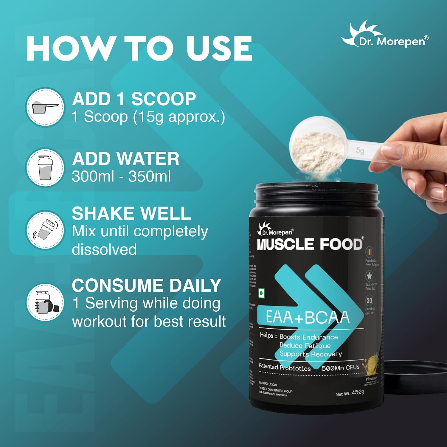 Dr. Morepen EAA + BCAA Supplement Powder | Blue Raspberry Flavor | Amino Acids with Probiotics for Lean Muscle | Strength,Energy & Muscle Recovery | Hydration Support | 30 Servings, 450g - Image 5