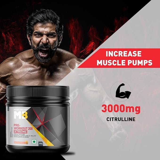 MuscleBlaze Pre Workout 200 Xtreme | (Fruit Punch, 30 Servings, 200g) | 200mg Caffeine | 200mg Theanine | 2000mg Beta Alanine | 3000mg Citrulline - Image 4