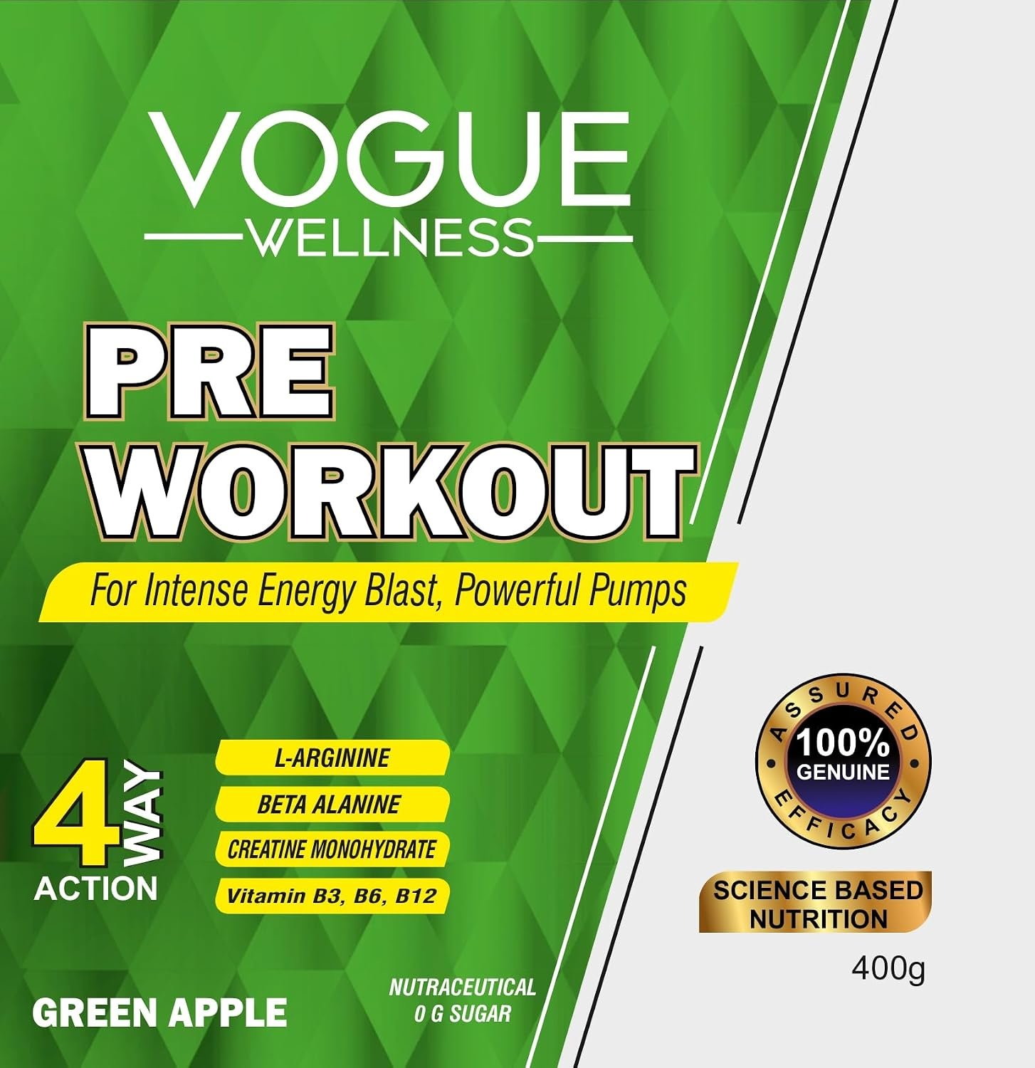 Vogue Wellness Advance Pre-Workout Protein Powder | Instant Energy Drink For Strength | Stamina and Muscle Pumps | With Beta-Alanine | Creatine and L-Arginine | 400g Fruit Punch - Image 6