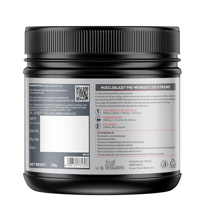 MuscleBlaze Pre Workout 200 Xtreme | (Fruit Punch, 30 Servings, 200g) | 200mg Caffeine | 200mg Theanine | 2000mg Beta Alanine | 3000mg Citrulline - Image 3