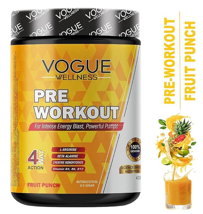 Vogue Wellness Advance Pre-Workout Protein Powder | Instant Energy Drink For Strength | Stamina and Muscle Pumps | With Beta-Alanine | Creatine and L-Arginine | 400g Fruit Punch