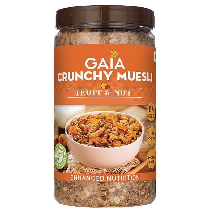 Gaia Crunchy Muesli Fruit and Nuts a Mix of Wholesome Breakfast Cereals Packed with Fibre | Iron and Antioxidants Serves As the Nourishing | Tasty Breakfast Option | 1KG Jar Pack