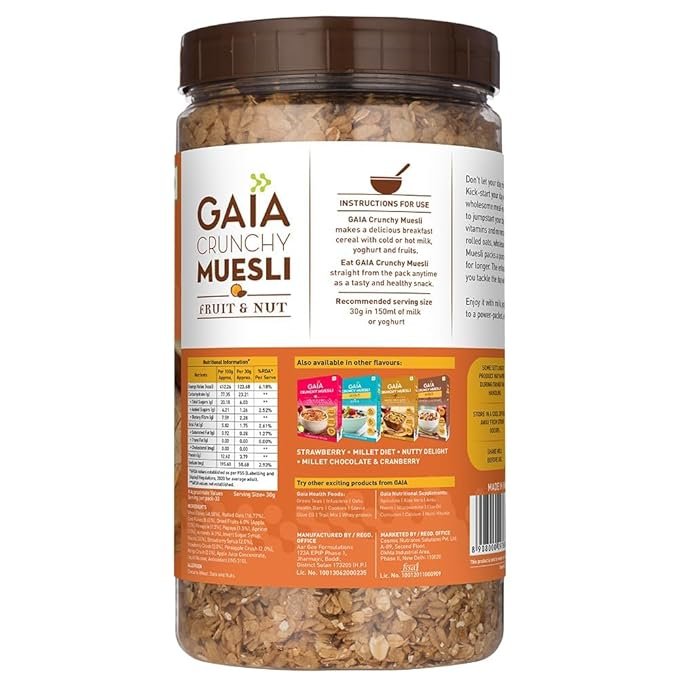 Gaia Crunchy Muesli Fruit and Nuts a Mix of Wholesome Breakfast Cereals Packed with Fibre | Iron and Antioxidants Serves As the Nourishing | Tasty Breakfast Option | 1KG Jar Pack - Image 2