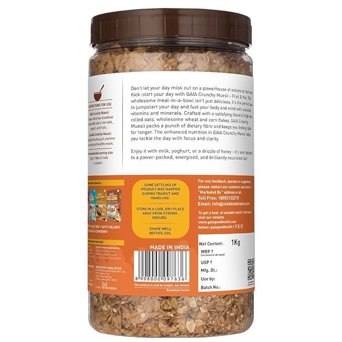 Gaia Crunchy Muesli Fruit and Nuts a Mix of Wholesome Breakfast Cereals Packed with Fibre | Iron and Antioxidants Serves As the Nourishing | Tasty Breakfast Option | 1KG Jar Pack - Image 3