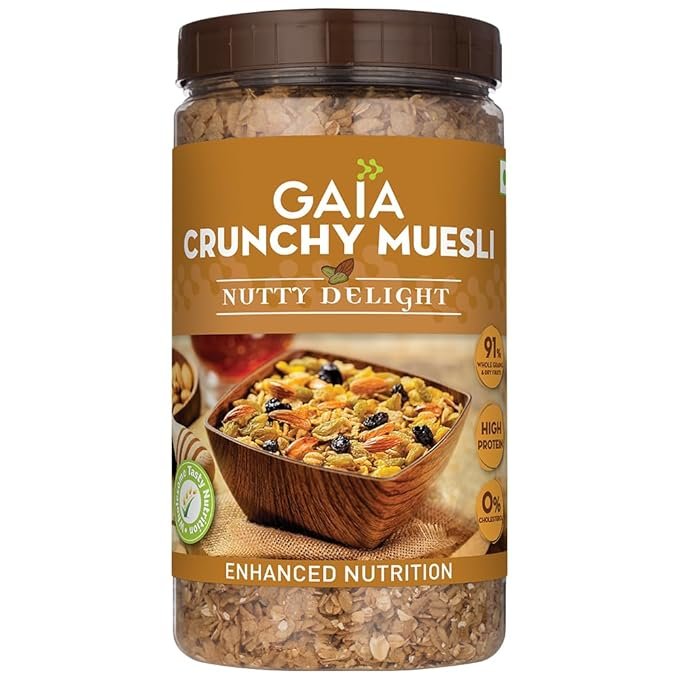 GAIA Nutty Delight Crunchy Muesli 1 kg jar - A Perfect Blend of Multigrains, Nuts, Oats and Cornflakes The Ultimate Healthy and Delicious Breakfast Cereals.