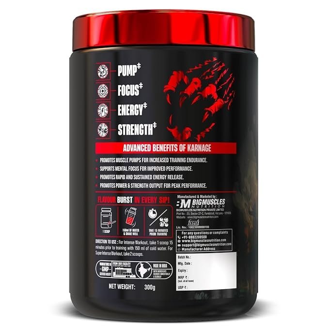 Bigmuscles Nutrition Karnage Pre workout | (60 Servings) | Pre-workout Supplement Supports to Improve Focus | Strength, Energy and Pump - Image 2