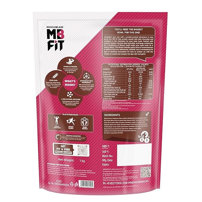 MuscleBlaze Fit High Protein Muesli (1kg, Dark Chocolate & Cranberry) | 22g Protein | With Raisins, Almonds & Super Seeds,High Protein Breakfast Cereals - Image 2