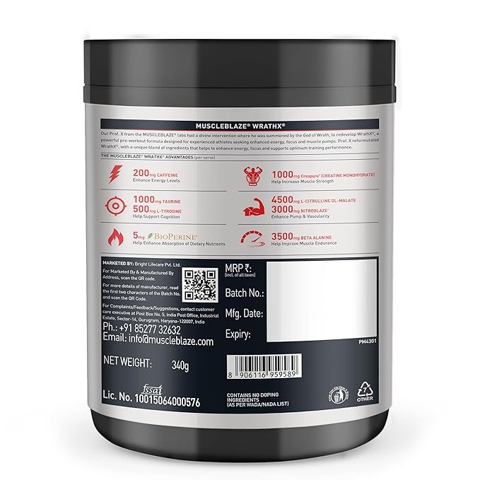 MuscleBlaze Pre Workout Wrathx Powder | Fruit Fury (20 Servings, 340g) | With Creapure, NitroBlaze & BioPerine - Image 2
