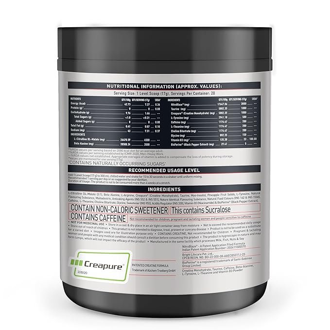 MuscleBlaze Pre Workout Wrathx Powder | Fruit Fury (20 Servings, 340g) | With Creapure, NitroBlaze & BioPerine - Image 3