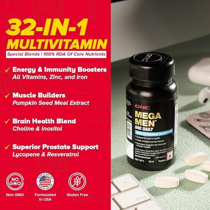 GNC Mega Men One Daily Multivitamin for Men | Promotes Men's Well-Being | Supports Muscle Function | Boosts Immunity | Improves Memory & Focus | 32 Premium Ingredients | 30 Tablets - Image 4