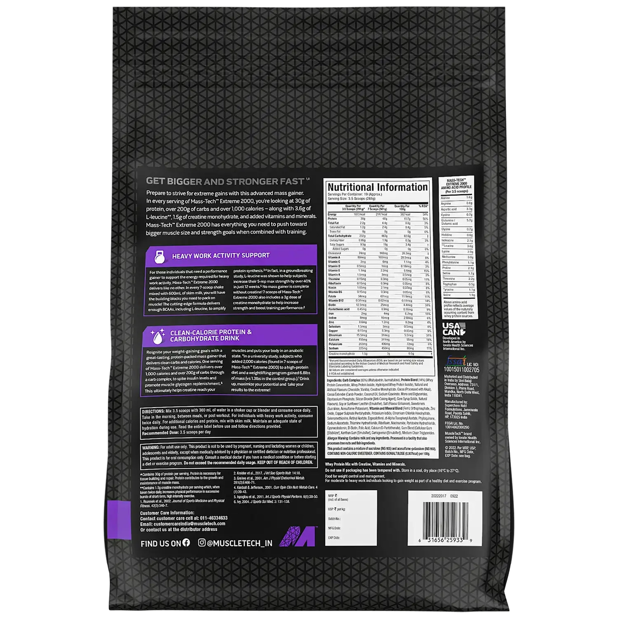 MuscleTech MassTech Extreme Mass Gainer, 30g Protein, 1073 KCAL, 1.5g Creatine With Added Multi Vitamins - Image 2