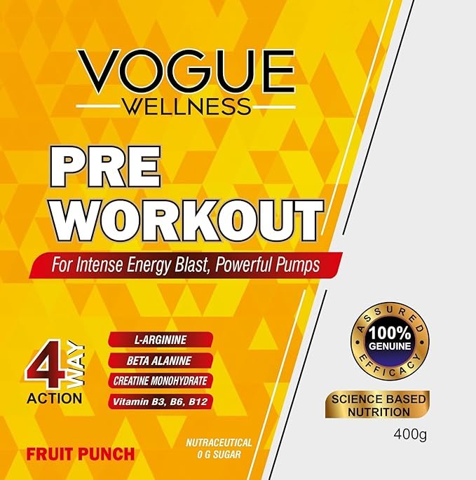 Vogue Wellness Advance Pre-Workout Protein Powder | Instant Energy Drink For Strength | Stamina and Muscle Pumps | With Beta-Alanine | Creatine and L-Arginine | 400g Fruit Punch - Image 2