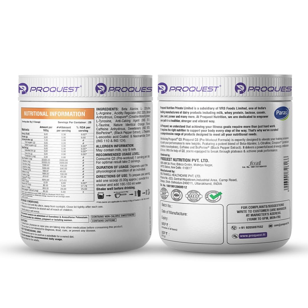 ProQuest Nutrition Q3 Pre-Workout Powder, Orange Oasis Flavour, 150g (25 Servings) | With Beta-Alanine & Creatine | Muscle Pump, Energy, Focus, Endurance & Performance | Zero Added Sugar - Image 2