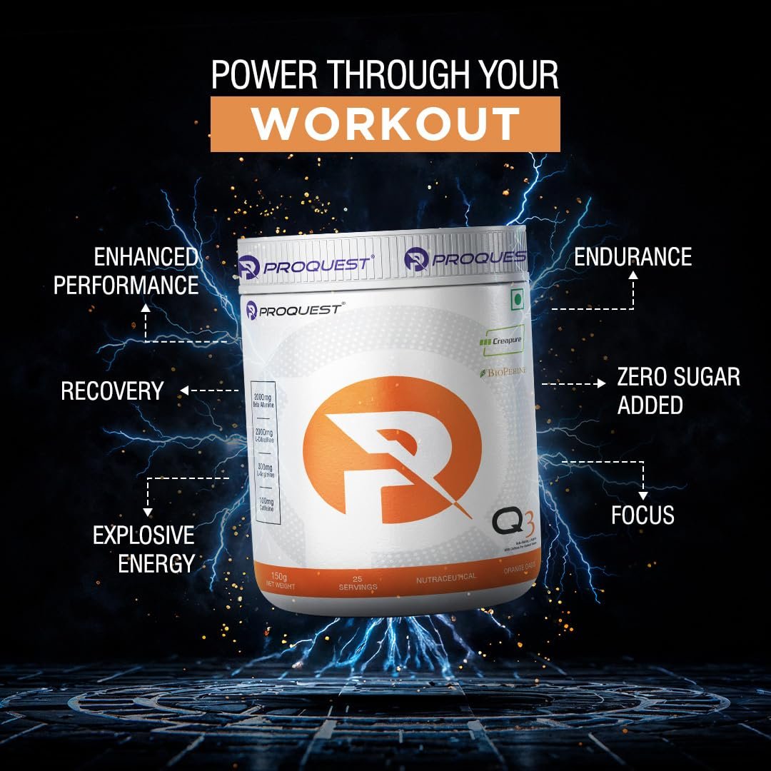 ProQuest Nutrition Q3 Pre-Workout Powder, Orange Oasis Flavour, 150g (25 Servings) | With Beta-Alanine & Creatine | Muscle Pump, Energy, Focus, Endurance & Performance | Zero Added Sugar - Image 4
