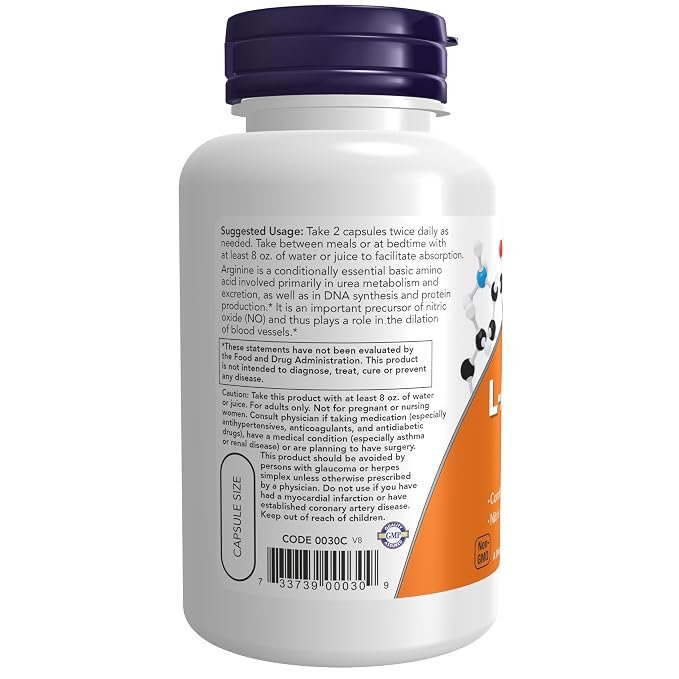Now Foods L-arginine 500mg - Pack of 100 Capsules - Image 2